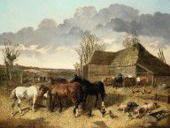 17502733_Horses_Eating_From_A_Manger,_With_Pigs_And_Chickens_In_A_Farmyard