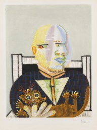 Pablo Picasso-Vollard et son chat. Um 1954.