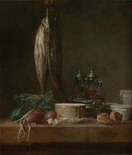 Jean-Siméon Chardin (French Still Life with Fish, Vegetables, Gougères, Pots, and Cruets on a Tab