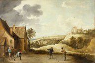 David Teniers the Younger-Landscape with Peasants Playing Bowls Outside an Inn