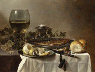 Pieter Claesz III-Still Life with Herring, Wine and Bread