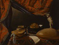 Evaristo Baschenis Still life with Musical Instruments  Books and Sculpture 