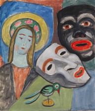 Gabriele M�nter-Madonna mit gr�nem Vogel und zwei Masken. Um 1943.