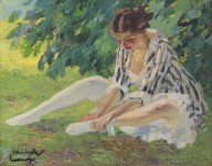 Edward Cucuel-Auskleidend (Sitzende im Gras).  Um 1910.