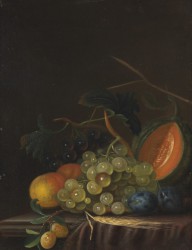 Johann Daniel Bager-Stillleben mit Trauben, Pfirsichen, Zwetschgen und Melone.  Wohl um 1800.