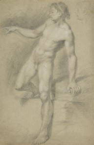 125389------Academic Drawing of a Nude Man Standing with his Right Foot on a Platform. Sketch of a H