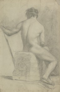125393------Academic Drawing of a Nude Man Holding a Staff and Seated on a Stele on which a Figure i