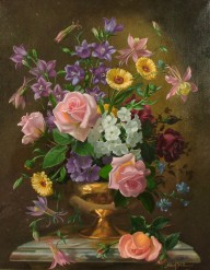 Albert Williams (British, born 1922)， The Yellow Dress Still life of flowers in a copper vase on a m